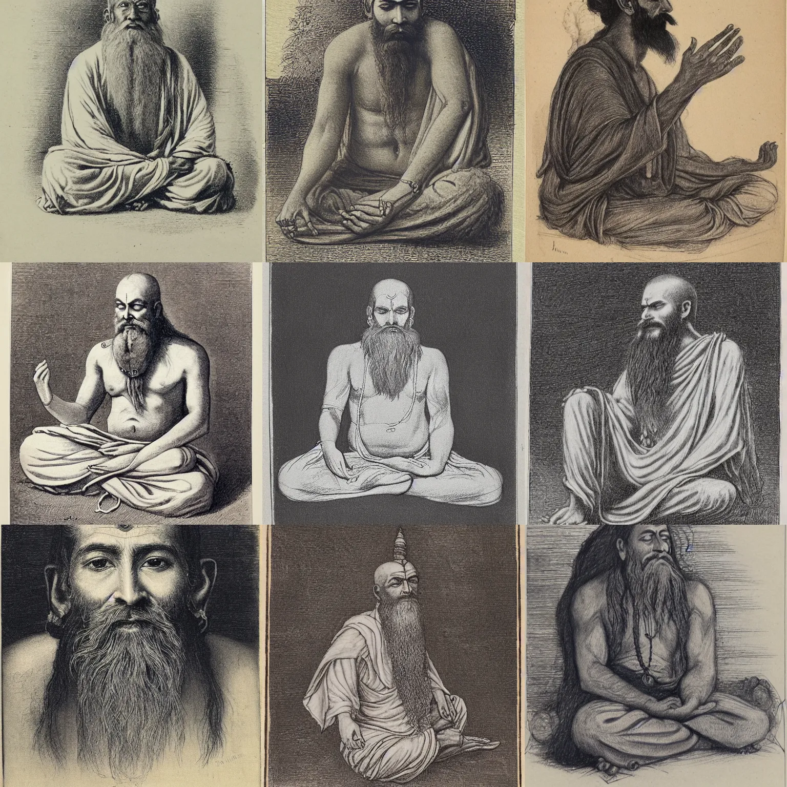 Prompt: sketch of a cool sadhu with a beard meditating, 3 / 4 portrait, etching by louis le breton, 1 8 6 9, 1 2 0 0 dpi scan