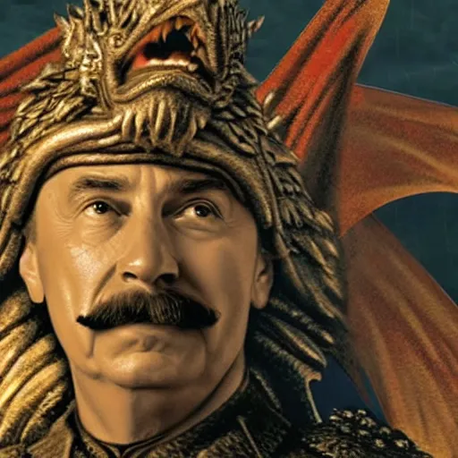 Prompt: Historical photo of Joseph Stalin Riding a Dragon from Game of Thrones, photorealism 8k,