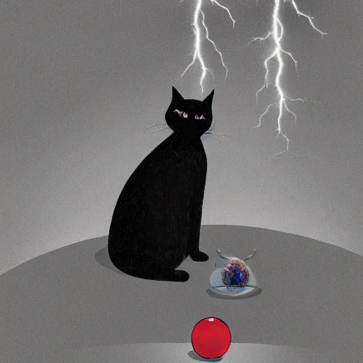 Prompt: black cat with one good eye sits atop a crystal ball on a table with red table cloth in dark room with lightning in windows, rain, digital illustration, studio ghibli