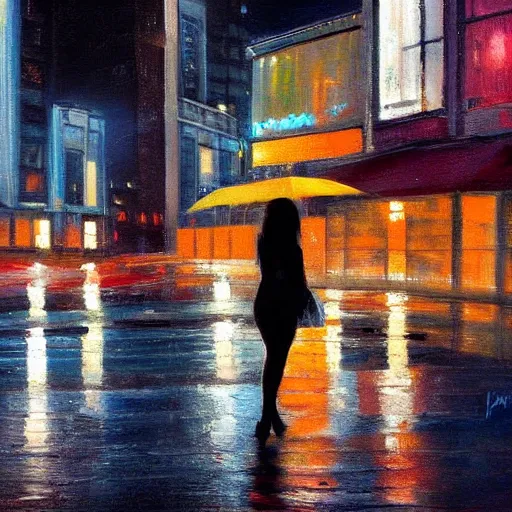 Image similar to wide angle painting of a beautiful woman in a drizzly night city street scene. beautiful use of light and shadow to create a sense of depth and movement. uses a limited color palette, providing a distinctive look.