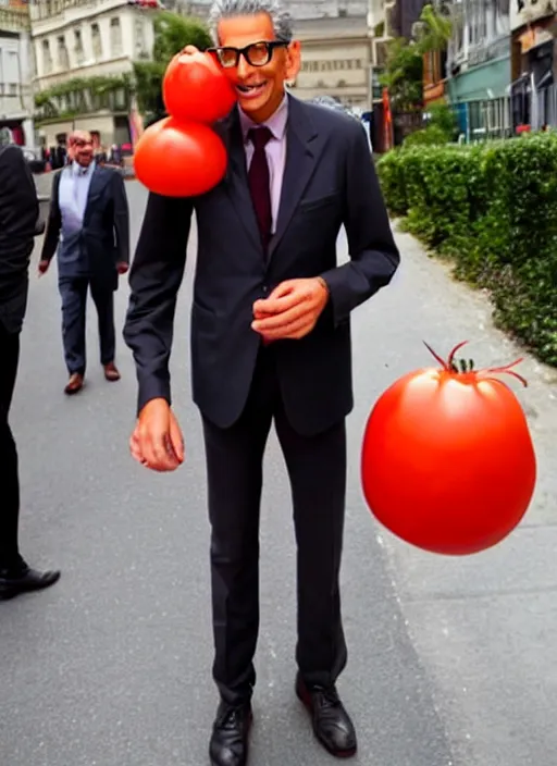 Image similar to jeff goldblum dressed as a tomato