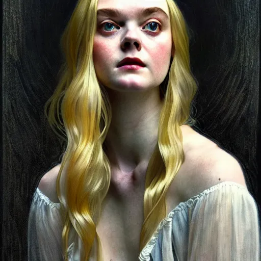 Prompt: symmetry!! portrait of elle fanning in prey in the world of andrew wyeth, horror, fashion, dark!! intricate, elegant, highly detailed, digital painting, artstation, concept art, smooth, sharp focus, illustration, art by artgerm and greg rutkowskiand alphonse mucha