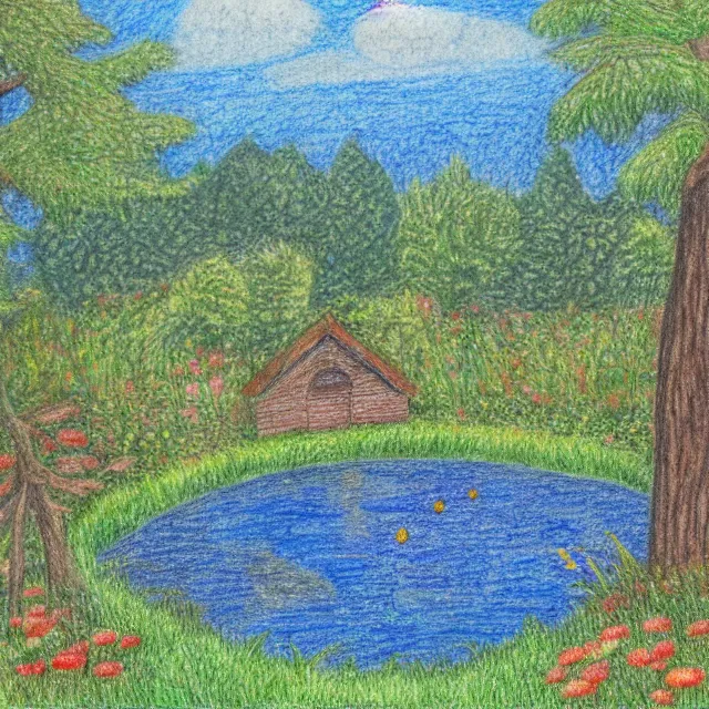 Image similar to monastery in a forest flower meadow with a pond landscape, colored pencil drawing