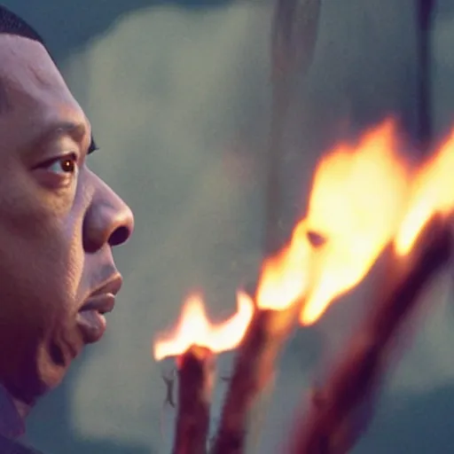 Prompt: cinematic film still of JAY Z starring as a Japanese Sensei with fire, Japanese CGI, VFX, 2003, 40mm lens, shallow depth of field, film photography