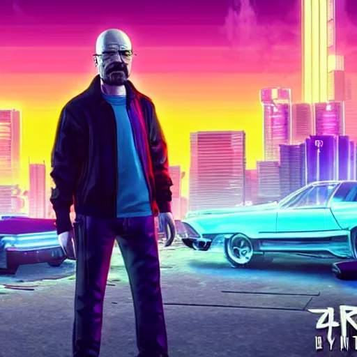 Image similar to walter white from breaking bad in cyberpunk 2 0 7 7 with futuristic city, 4 k, hyper realistic, synthwave, vapor wave, futuristic, advanced