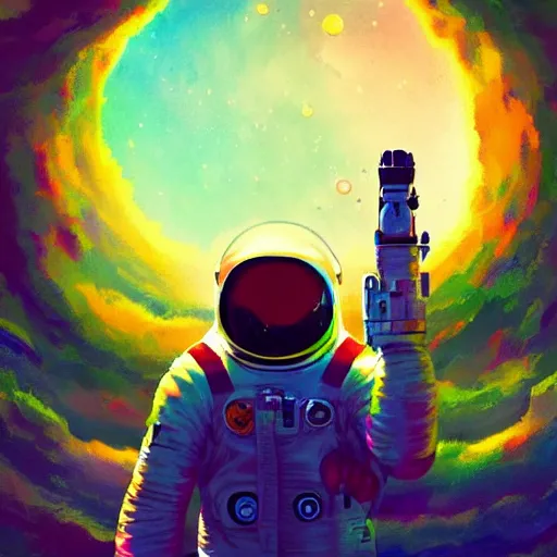 Image similar to an astronaut abserving a beautiful vista on an strange colorful world, digital painting, trending on artstation