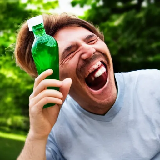 Image similar to stock photo of a man laughing at a green bottle