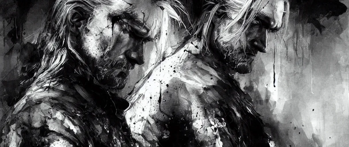 Image similar to monochrome portrait of geralt of rivia the witcher by emil melmoth zdzislaw beksinki craig mullins yoji shinkawa realistic render ominous detailed photo atmospheric by jeremy mann francis bacon and agnes cecile ink drips paint smears digital glitches glitchart