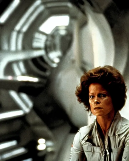 Prompt: a film still from alien ( 1 9 7 9 ) starring sigourney weaver, tom skerrit, ian holm, john hurt, yaphet koto, veronica cartwright,