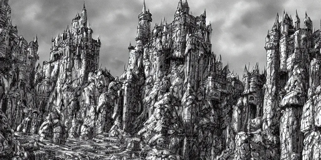 Image similar to illustration of a fantasy Castle in the middle of the desert, monochrome, manga style, by Kentaro Miura, sharp, dramatic lighting