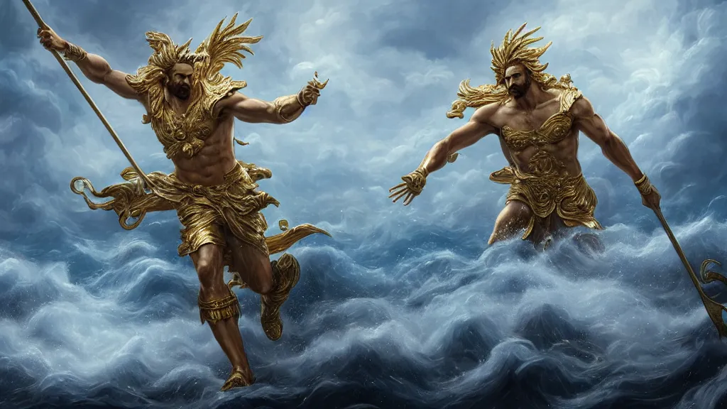 Image similar to Character concept art, Digital Paint, Zeus fighting Poseidon, Character Design, Digital Art, Gold Light, Blue Mist, Divine, Sky, 8K, insanely detailed and intricate, ornate, hyper realistic, super detailed, Cloudy background, Trending on Artstation, in the style of James Jean