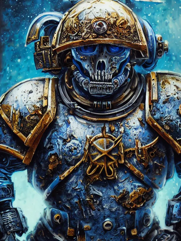 Image similar to portrait art of 8k ultra realistic undead space marine,smashed helmet, detailed blue intricate ornate armour,decaying, cybernetic, full of colour, cinematic lighting, battered, trending on artstation, 4k, hyperrealistic, focused, extreme details,unreal engine 5, cinematic, masterpiece, art by ayami kojima, giger