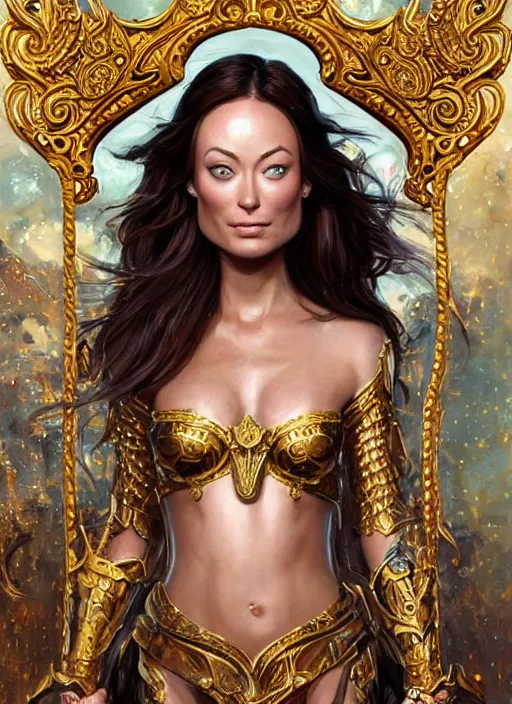 Image similar to a professional painting of a young Olivia Wilde, wearing skimpy ornate, detailed, intricate golden armor, olive skin, long dark hair, beautiful bone structure, symmetrical facial features, intricate, elegant, digital painting, concept art, smooth, nice background bokeh, illustration, from StarCraft by Ruan Jia and Mandy Jurgens and Artgerm and William-Adolphe Bouguerea