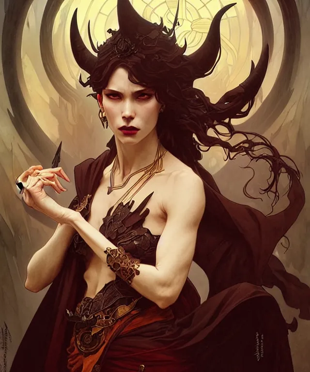 Prompt: a powerful angry demon witch, portrait, intricate, elegant, highly detailed, smooth, sharp focus, art by artgerm and greg rutkowski and alphonse mucha