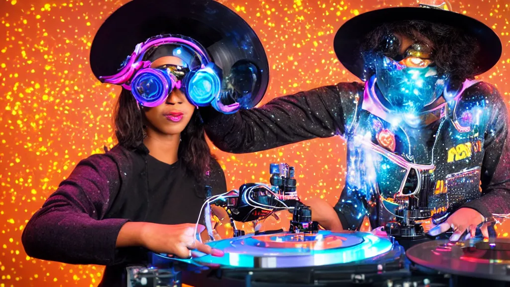 Image similar to a black woman wearing goggles and visor and headphones using an intricate clockwork record player turntable contraption, robot arms, computer screens, turntablism dj scratching, intricate planetary gears, cinematic, sharp focus, led light strips, bokeh, iridescent, black light, fog machine, hazy, lasers, spotlights, light trails, hyper color photograph