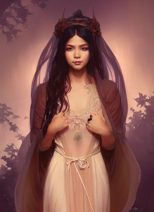 Image similar to cute brown woman wearing a transparent night gown and hanfu face veil, fantasy, intricate, highly detailed, digital painting, artstation, concept art, wallpaper, smooth, sharp focus, illustration, art by artgerm and greg rutkowski and alphonse mucha