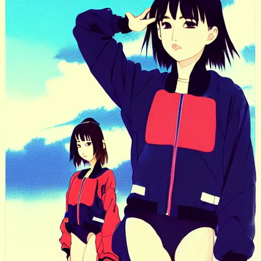 Image similar to a beautiful japanese natalie portman gravure model, wearing oversized native designer bomber jacket and leotard with overalls, bulky poofy bomber jacket with mesoamerican patterns, mesoamerican native street fashion, gapmoe yandere grimdark, trending on pixiv fanbox, painted by greg rutkowski makoto shinkai takashi takeuchi studio ghibli, akihiko yoshida