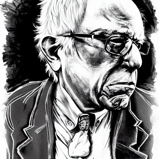 Image similar to bernie sanders cyborg graphic illustration, creative design, skinless head, biopunk, body horror, full body portrait, character design, by ralph steadman, francis bacon, hunter s thompson