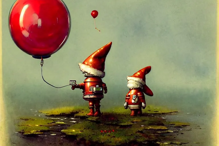 Image similar to adventurer ( ( ( ( ( 1 9 5 0 s retro future robot android mouse and knome holding a red balloon. muted colors. swamp mushrooms island, lillie pads ) ) ) ) ) by jean baptiste monge!!!!!!!!!!!!!!!!!!!!!!!!! chrome red