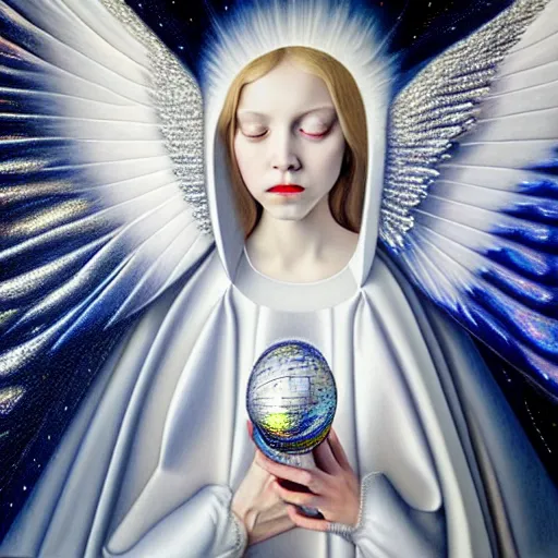 Prompt: beautiful high details hyper realistic painting of white angel in the hood coming from space with giant ball of miracle light from the chest!!!!!, 4 k hd face!!!, fashion face, no gender, giant silver holographic wings, by jan van eyck, holography space, white sparkles everywhere, thin strokes, high textures, silver background