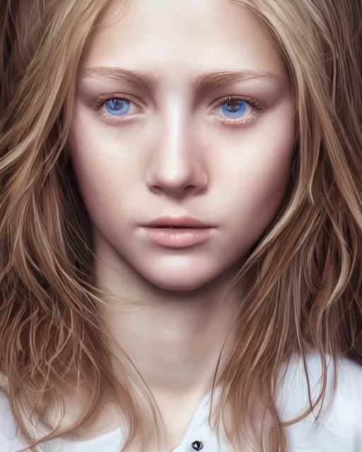 Image similar to portrait of 1 6 - year - old woman with dirty blonde hair down to her waist, pale eyebrows and protuberant silver eyes, wearing white shirt, hyper realistic face, beautiful eyes, character art, art by mark brooks, hyperdetailed, cryengine, trending on artstation, digital art