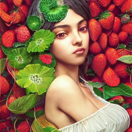 Prompt: the portrait of an absurdly beautiful, graceful, elegant, young mexican girl made of strawberries and green petals, an ultrafine hyperdetailed illustration by kim jung gi, irakli nadar, intricate linework, bright colors, octopath traveler, final fantasy, angular, unreal engine 5 highly rendered, global illumination, radiant light, detailed and intricate environment