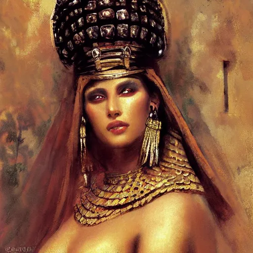 Prompt: elegant egyptian queen woman by a cemetary, detailed face, with a crown of skulls, skull earings, painting by Gaston Bussiere, Craig Mullins