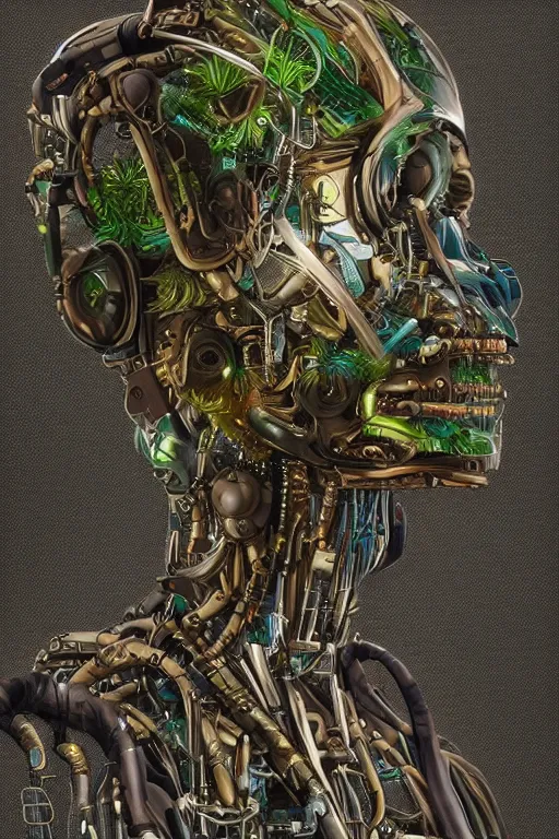 Image similar to a hyper - detailed fine painting of a synthetic humanoid cyborg hybrid half cybernetic and half made of plants and wood, concept art magical highlight, full color tribal and technologic art. artwork by subjekt zero. polished render by machine. delusions with discodiffusion.