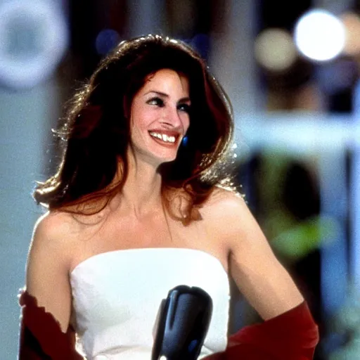 Prompt: Julia Roberts as Selena singing!! on a stage, 1995 movie, cinematic, beautiful, elegant, symmetrical!! face