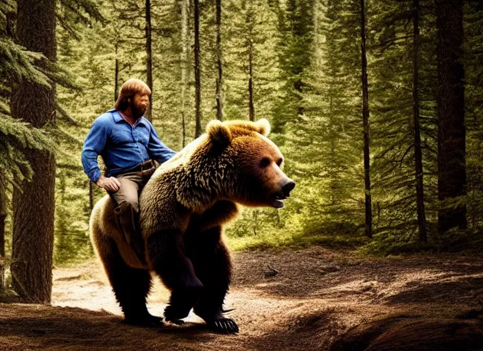 Prompt: photo of chuck norris riding his grizzly bear, in the forest. fantasy magic style. highly detailed 8 k. intricate. life - like. soft light. sony a 7 r iv 5 5 mm.