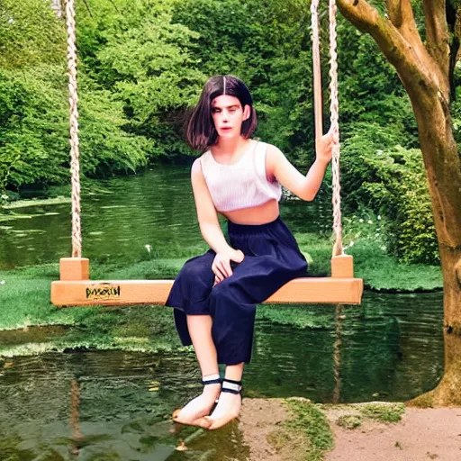 Prompt: dua lipa as nendoroid on the swing as nendoroid by the rural stream as nendoroid, kodak film