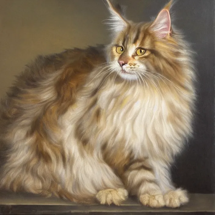 Image similar to A realistic renaissance oil painting of a Maine Coon cat, bi-colored with white and ginger fur, pale yellow eyes, portrait