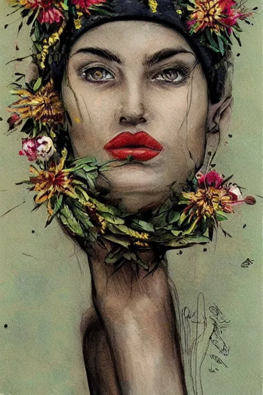 Prompt: portrait fashion model a wreath of spring flowers on her head artwork by enki bilal