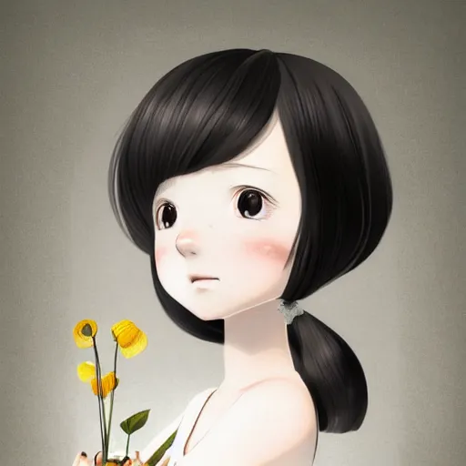 Prompt: little girl with flowers on her long black hair, dressed in a simple white dress, anime art style, digital artwork made by ilya kuvshinov, inspired in balthus