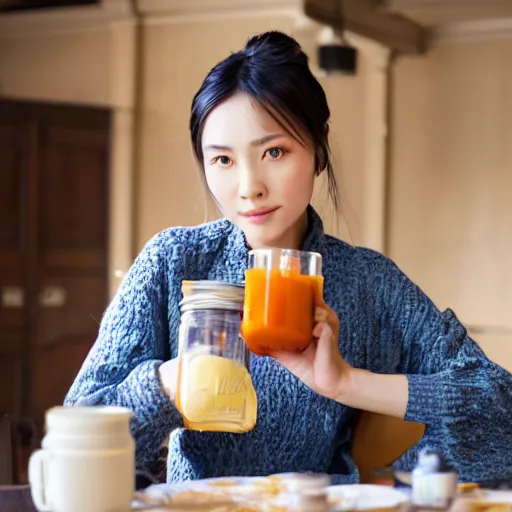 Image similar to chinese woman sitting at a table drinking juice out of a mason jar, award-winning, volumetric lighting, 8k, 4k, highly detailed, cinematic