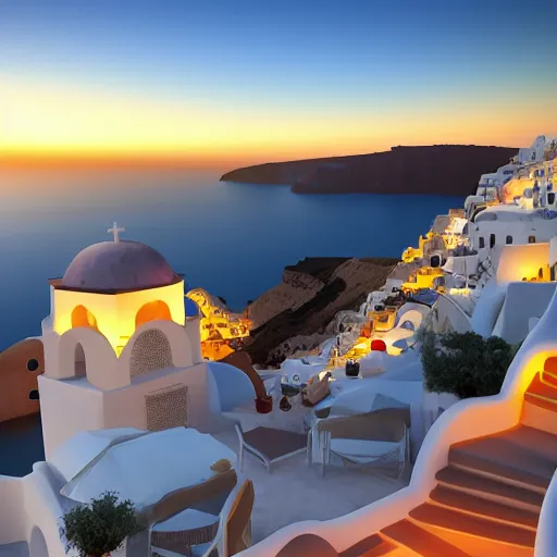 Prompt: beautiful sunset on santorini with a glass of white wine, high detail, unreal engine 5 quality render