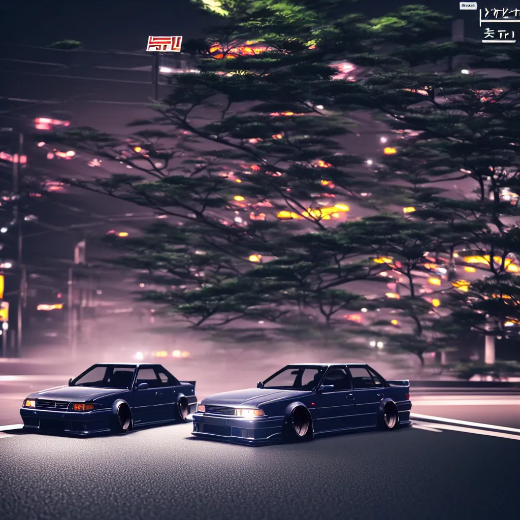 Image similar to a single car JZX100 twin turbo drift in the road, Tokyo prefecture, Japanese architecture, city sunset mist lights, cinematic lighting, photorealistic, detailed alloy wheels, highly detailed