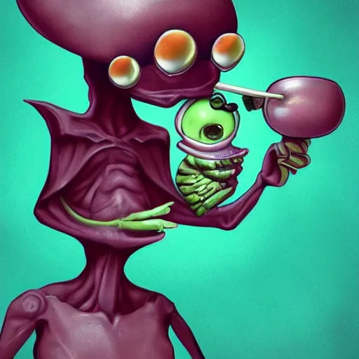 Prompt: Funny looking cute alien smoking weed, digital art, featured on artstation, fine details