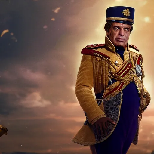 Image similar to portrait of muammar kadhafi as emperor napoleon in fallout, splash art, movie still, detailed face, cinematic lighting, dramatic, octane render, long lens, shallow depth of field, bokeh, anamorphic lens flare, 8 k, hyper detailed, 3 5 mm film grain