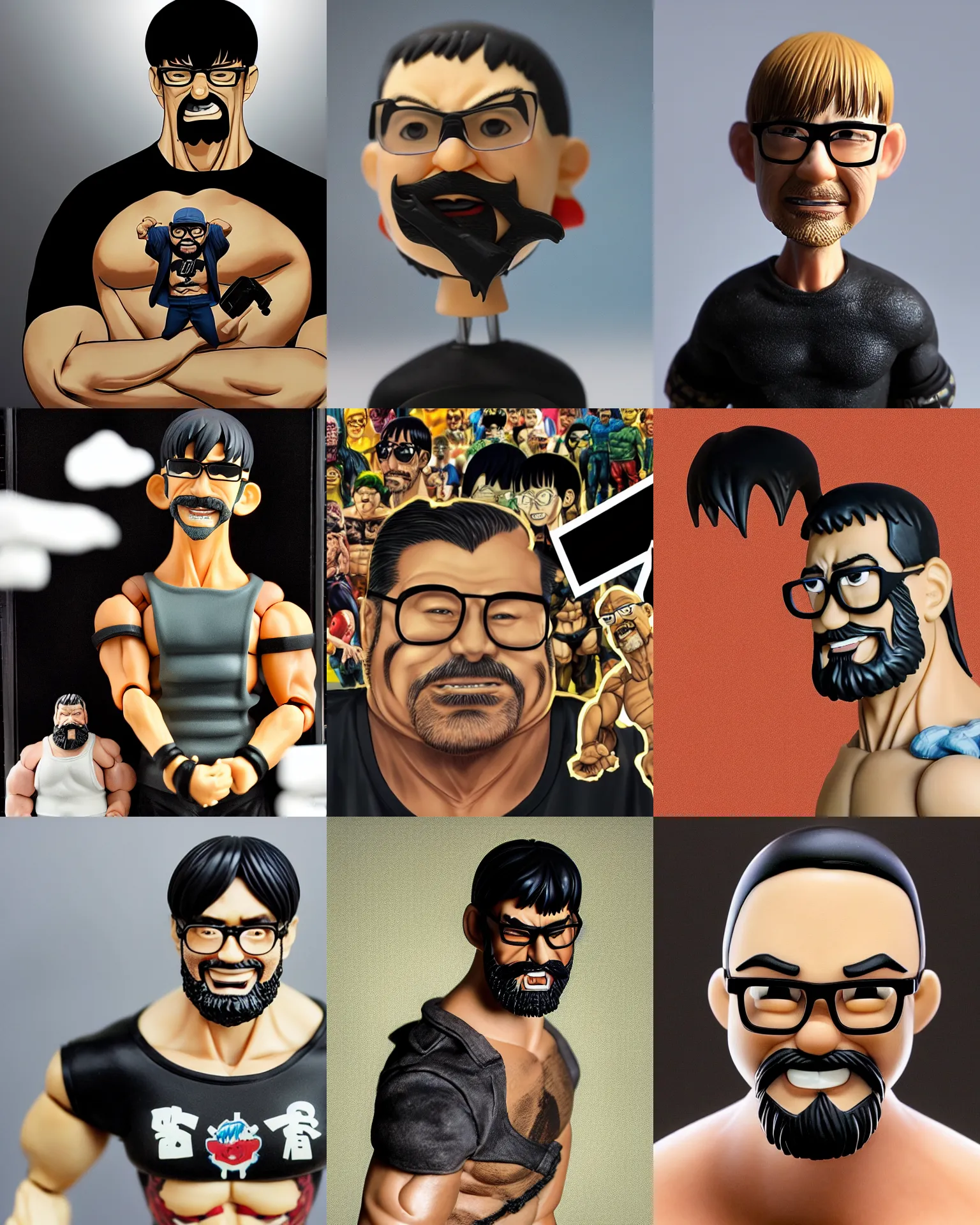 Prompt: plastic action figure of a buff smiling man with long stubble beard, muscular neck, rectangular shaped glasses and a black bowl cut, wearing a black tshirt, dramatic light, blur, out - of - focus background, by kim jung gi, ric estrada, ron english and eiichiro oda