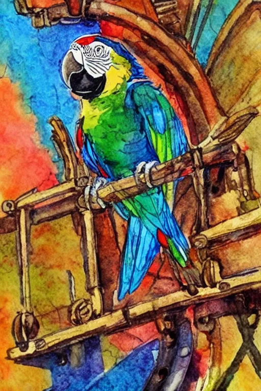 Image similar to a parrot on a pirate ship, abstract, vintage, artistic, sharp focus, masterpiece, watercolor, art in the style of joshy sly