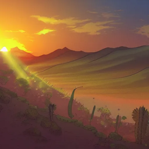 Image similar to sunset in the desert, fantasy art, illustration, animated film, by studio ghibli