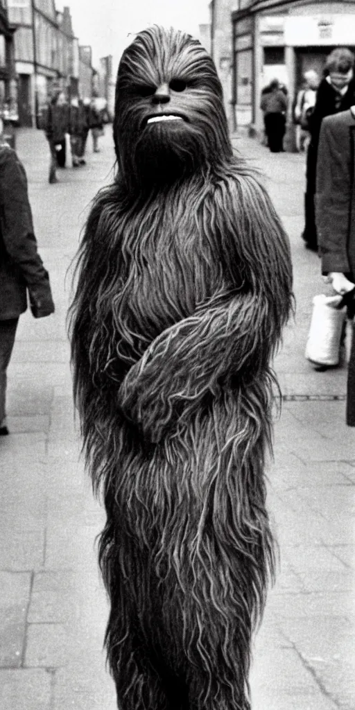 Image similar to 1 9 8 0 ies photo of chewbacca standing on the streets of rochester, england