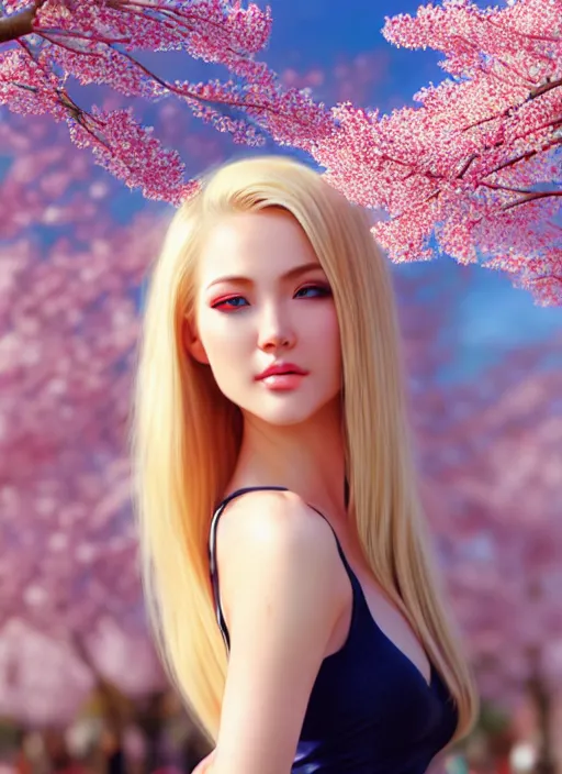 Image similar to photo of a gorgeous blonde female in the style of stefan kostic, realistic, half body shot, sharp focus, 8 k high definition, insanely detailed, intricate, elegant, art by stanley lau and artgerm, extreme blur cherry blossoms background