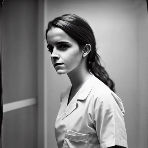 Image similar to emma watson, nurse scrubs, hospital, portrait, mid view head and shoulders, award winning, kodak ektachrome expired blue tint,