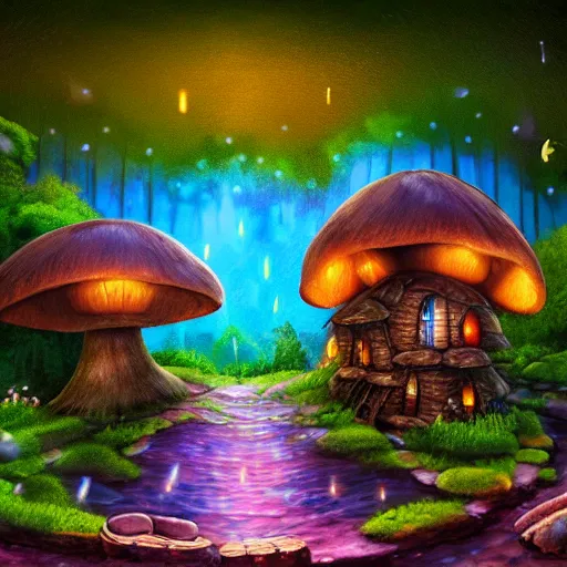 Image similar to little mushroom house with doors and windows magical forest landscape with fireflies, detailed luminescent painting 4 k