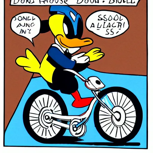 Image similar to donald duck riding a bike, in style of don rosa