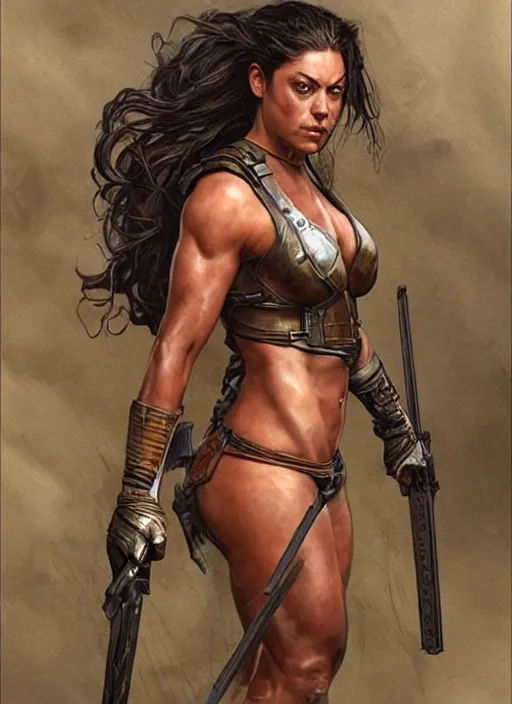 Prompt: exhausted Mila Kunis as a very muscled rugged looking Amazon, dirty, sweating, intricate, elegant, highly detailed, artstation, concept art, sharp focus, art by artgerm and donato giancola and Joseph Christian Leyendecker, WLOP