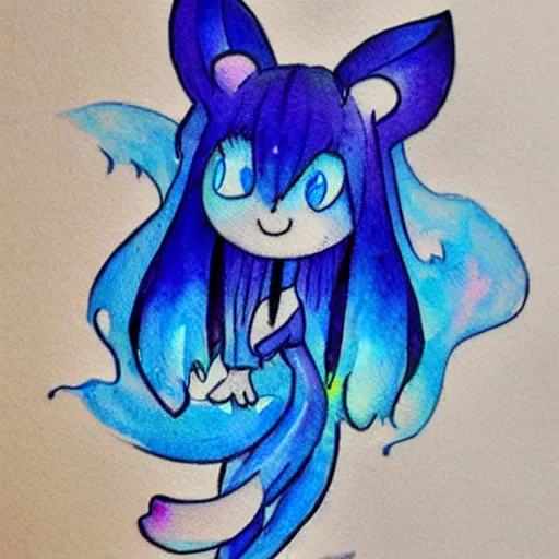 Prompt: tattoo design of a cute blue will of the wisp character. watercolor