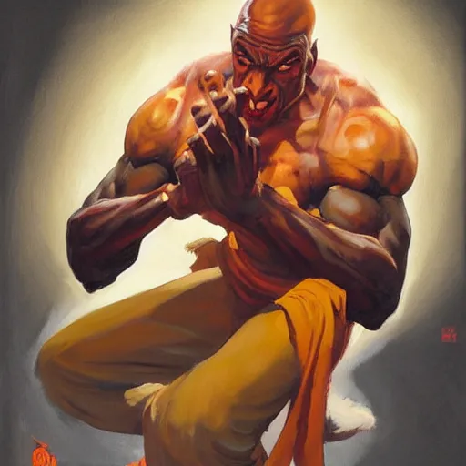 Image similar to greg manchess portrait painting of dhalsim from street fighter shaping a fireball as overwatch character, medium shot, asymmetrical, profile picture, organic painting, sunny day, matte painting, bold shapes, hard edges, street art, trending on artstation, by huang guangjian and gil elvgren and gerald brom